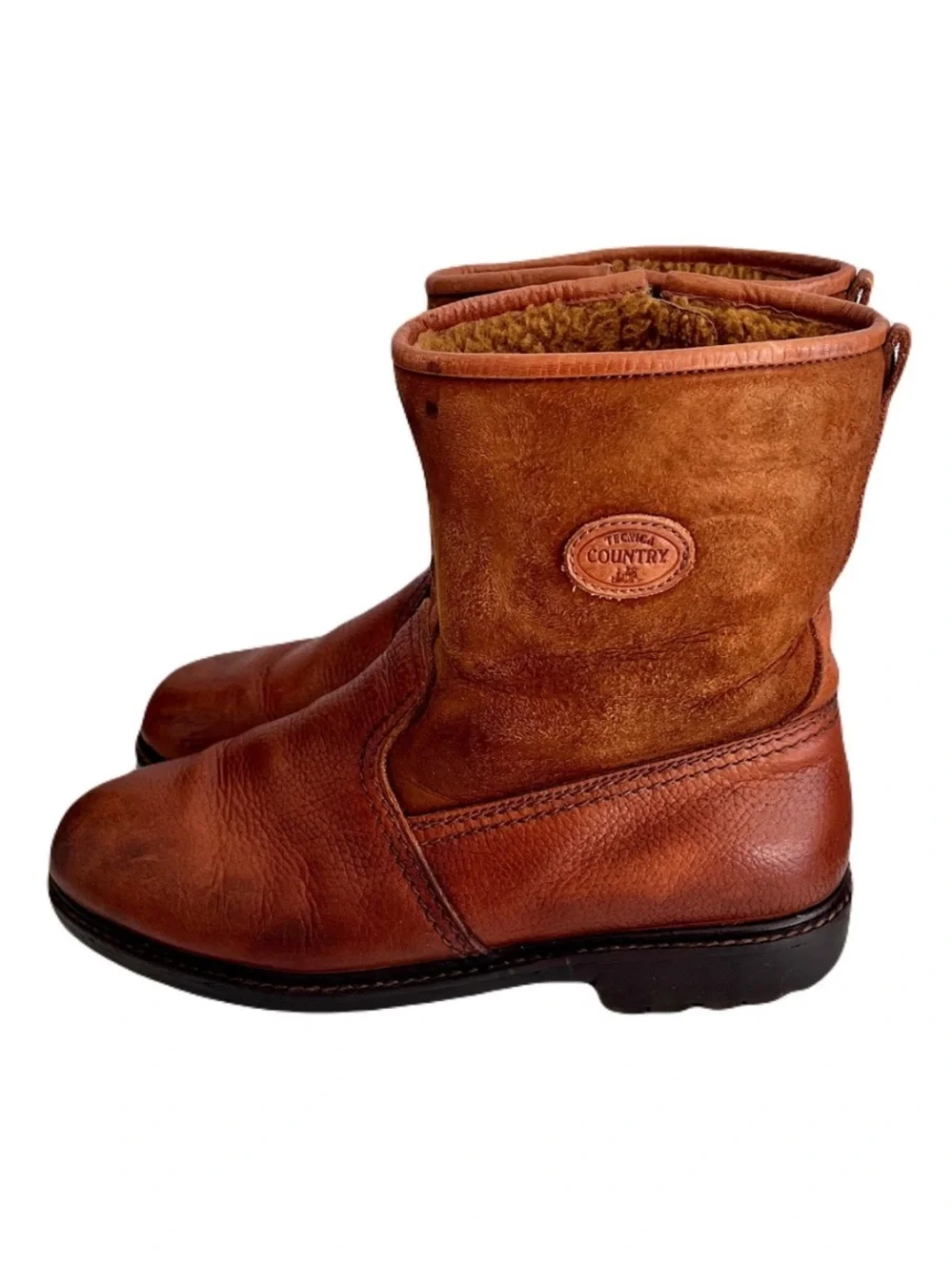 Vintage Tecnica Country Cognac Leather Suede Shearling Lined Boots, Size 44